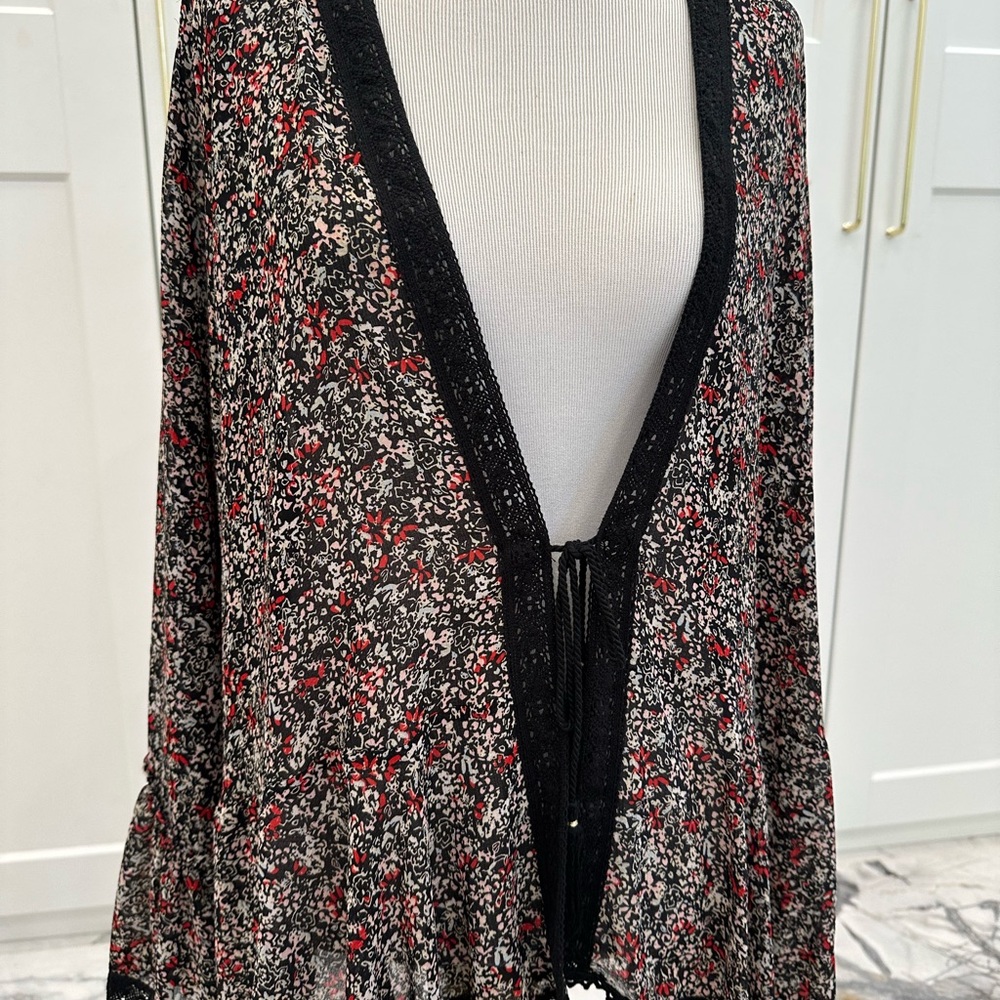 Free People Black Floral Lightweight Open Cardigan with Red & White floral